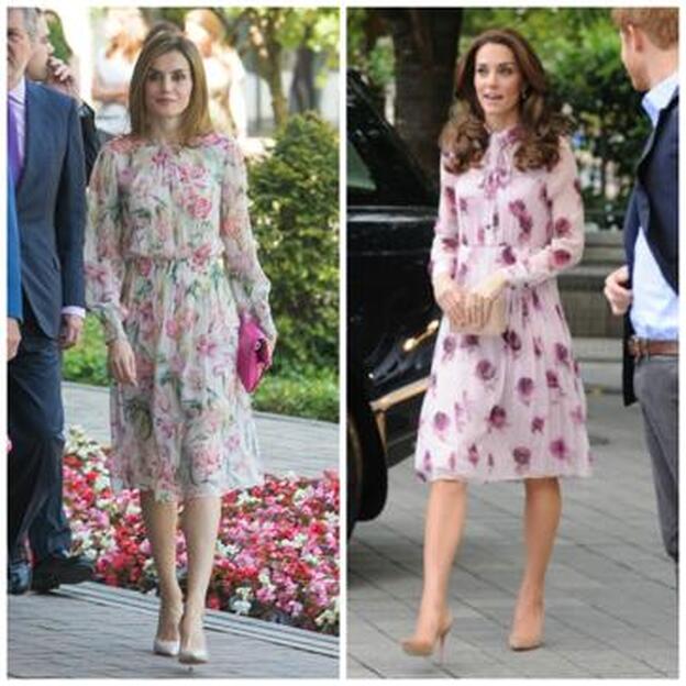 La Reina Letizia y Kate Middleton con vestidos estampados.