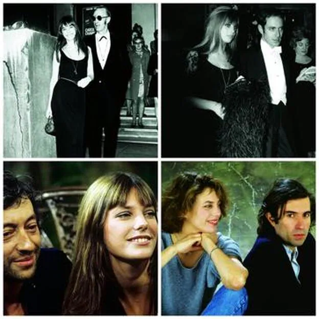 De arriba abajo: con su padre (1970); con John Barry (1966); con Serge Gainsbourg (1969) y con Jacques Doillon (1984).