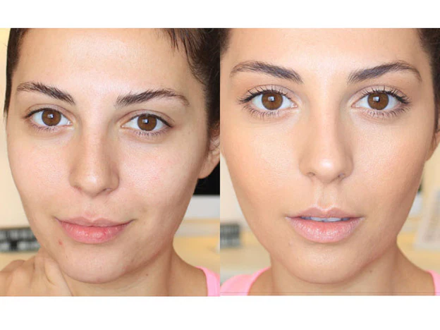 Antes y después de aplicar la bse de maquillaje: el tono apenas cambia pero la piel aparece perfecta.