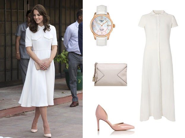 Kate Middleton es un fiel reflejo de las madres elegantes de gustos clásicos, y así lo demuestra con looks en tonos suaves como este en el que puedes inspirarte con un vestido de Adolfo Domínguez, una cartera de Acosta, unos zapatos de LK Benett y, como accesorio estrella, el reloj Le Locle Lady Automatic de Tissot.