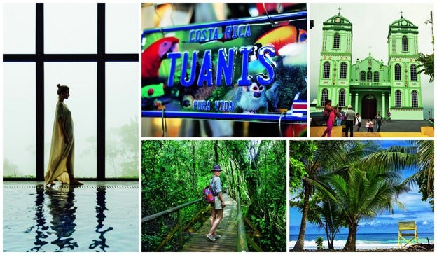 1. spa de la Hacienda Alta Gracia.2. "Tuanis" es la expresión costaricense para cool. 3. iglesia de Santiago Apóstol, en Sarchí 4, Parque Nacional Manuel Antonio. 5. playa Dominical, en Manuel Antonio.