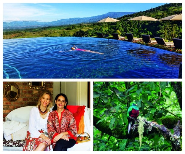 1. piscina en la Hacienda Alta Gracia. 2. junto a la diseñadora María Eugenia Brenes. 3. pájaro quetzal.