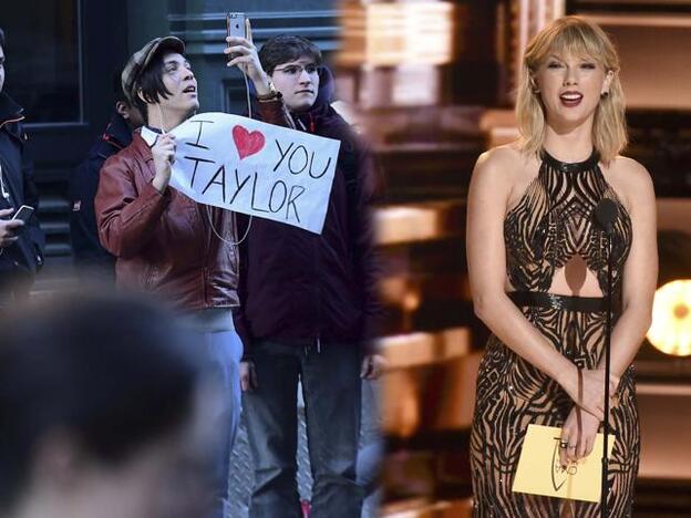 Fans de Taylor Swift esperando a la salida de uno de sus conciertos (izquierda) y la cantante en la 50º edición de los Premios CMA (derecha)/GTRES