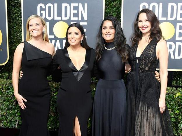 Reese Witherspoon, Eva Longoria, Salma Hayek y Ashley Judd en los Globos de Oro 2018/getty