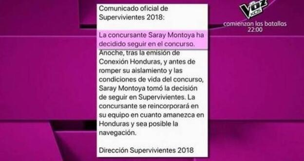 Comunicado de 'Supervivientes 2018' sobre la reincorporación de Saray Montoya al reality.