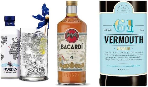 1. Ginebra de Nordés (59,90 euros). 2. Ron Bacardí. 3. Vermouth61 Bodega Cuatro Rayas.