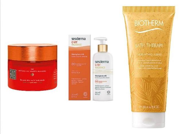 The Ritual of Happy Budha Body Scrub de Rituals (19,50 €). Vit-C Radiance Leche Corporal luminosa de Sesderma (14,95 €). Bath Therapy Gommage Lissant Pomelo y Salvia de Biotherm (20 €).