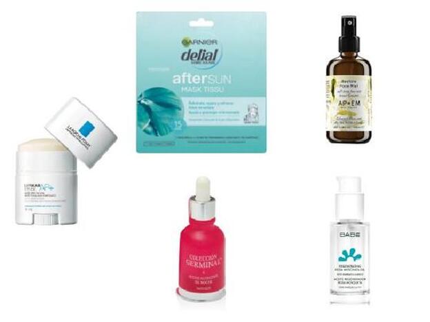 Lipikar Stick AP+ de La Roche-Posay (13,95 €). / Mask Tissu AfterSun de Garnier (2,95 €). / Restore Face Mist de Apoem (29 €). / Aceite Nutritivo de Tacto Seco de Germinal (26 €). / Aceite Regenerador Rosa Mosqueta de Laboratorios Babé (18 €).