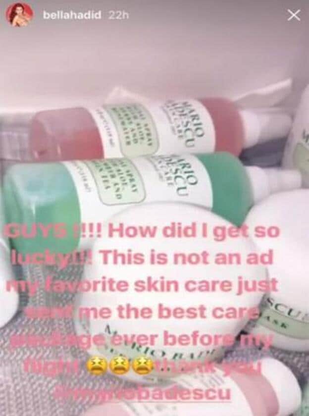 Bella Hadid confiesa en su Instagram que adora los productos de Mario Badescu.