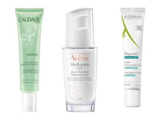 Vinopure Fluido Matificante Perfeccionador de la Piel de Caudalie (25,20 €). / Hydrance Intense Sérum de Avéne (22,68 €). / Phys-AC Perfect Fluido Anti-imperfecciones de A-Derma (17,83 €).