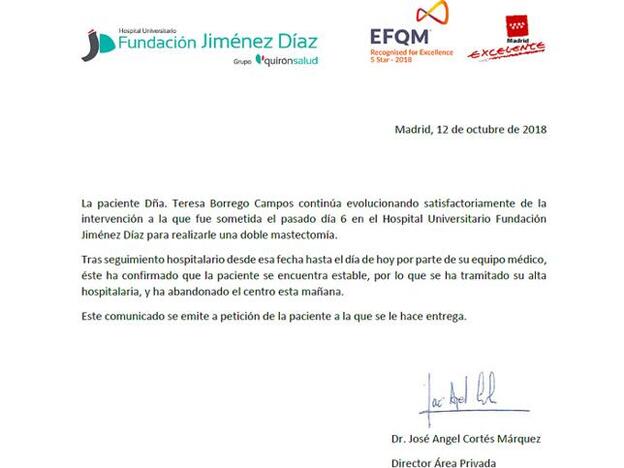 El Hospital Universitario Fundación Jiménez Díaz ha emitido un comunicado.