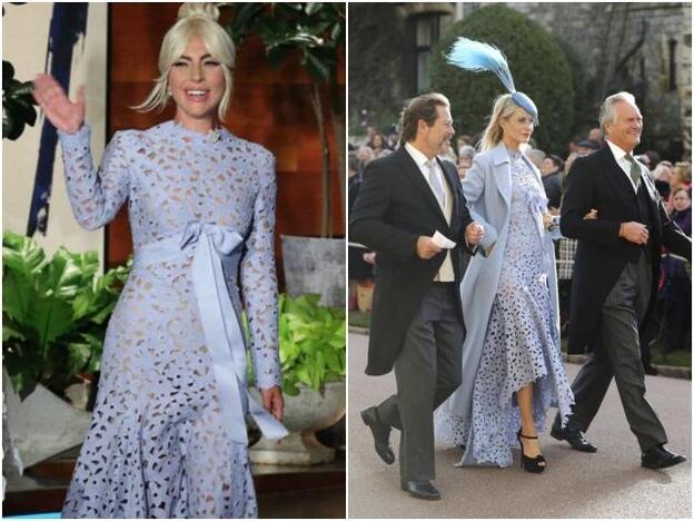 Lady Gaga y Pyppo Delevingne con vestido de Oscar de la Renta.