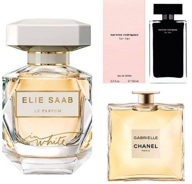 Le Parfum In White de Elie Saab (82 €). For Her Eau de Toilette de Narciso Rodriguez (73 €). Gabrielle Eau de Perfume de Chanel (137 €).