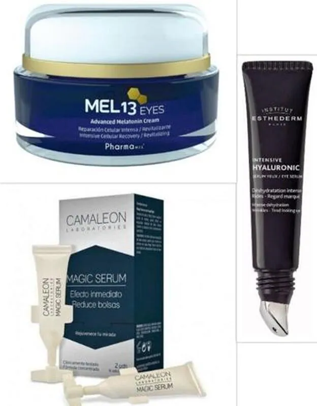 1. Mel13 Eyes Advanced Melatonin Cream Pharmamel (52,95 €). 2. Intensive Hyaluronic Eye Contour de Institut Esthederm (39 €). 3. Magic Serum Efecto Inmediato Reduce Bolsas de Camaleon (7,90 €).