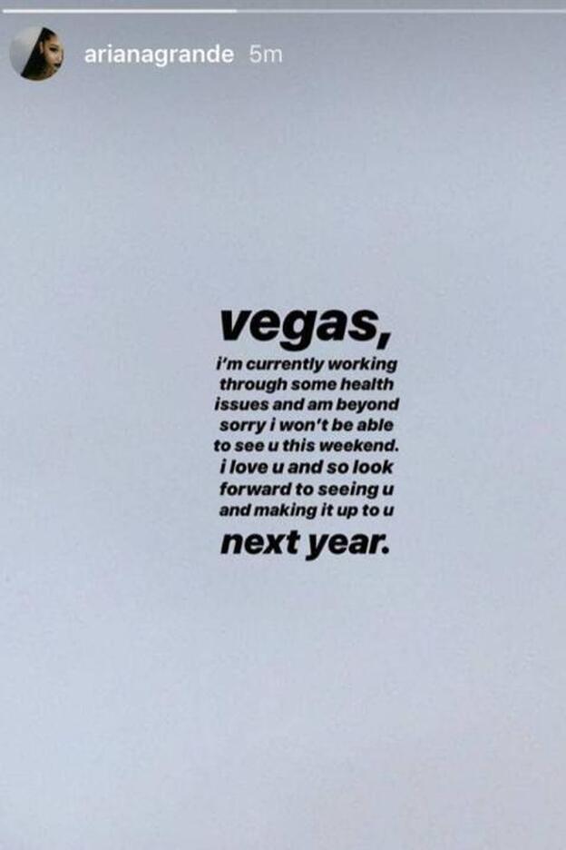 Así informaba Ariana Grande que cancelaba su espectáculo en Las Vegas.