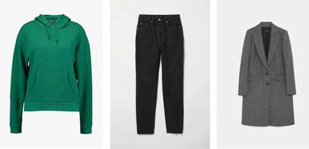 Sudadera básica en color verde de Zalando, 20,75 euros / Abrigo masculino en color gris de Zara, 79,95 euros. / Mom jeans de H&M, 24,99 euros.