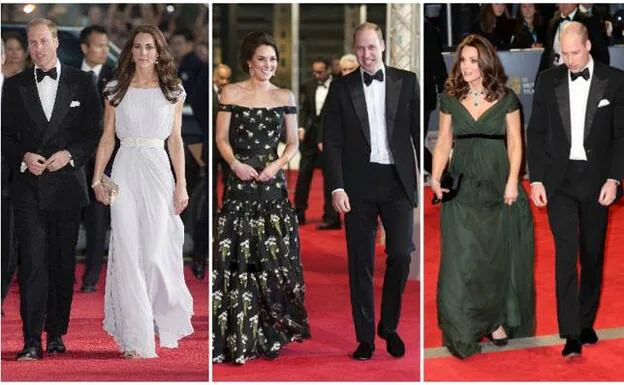 De izquierda a derecha, Kate Middleton en los BAFTa 2011, en 2017 y en 2018.