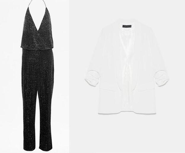 1. Mono de tirantes con detalles brillantes de French Connection, (320 euros) / 2. Blazer crepe en color blanco de Zara (59,95 euros).