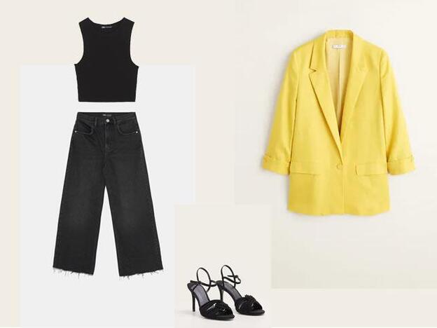 1. Top cropped en color negro de Zara (3,95 euros) / 2. Jeans de tiro alto con efecto lavado y con bajo roto de Zara (29,95 euros) / 3. Americana de lino estricturada en color amarillo de Mango (49,99 euros) / 4. Sandalia de tiras múltiples de Mango (49,99 euros).