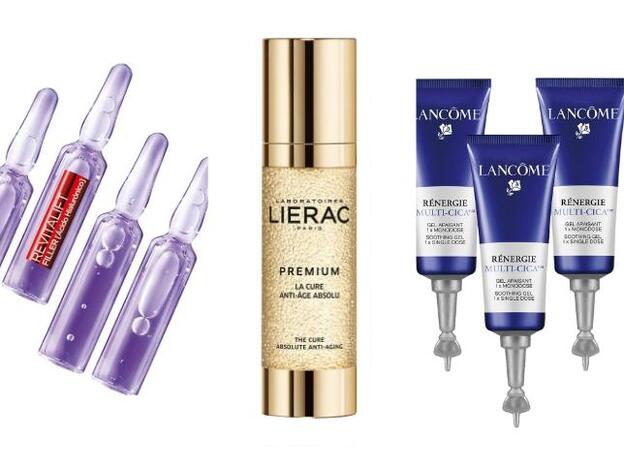 1. Revitalift Filler Cura Hialurónica de L'Oréal Paris (14,90 euros). 2. Premium Cura Anti-Edad Absoluto e de Lierac (129 euros). 3. Rénergie Multi-Cica Gel Calmante de Lancôme (75 euros).