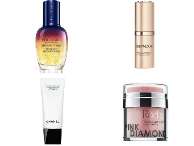 1. Immortelle Reset Nuit Huile-en-serum de L’Occitane (55 €). 2. Timeless Prodigy The Global Eye Contour de Skeyndor (c.p.v.). 3. Hydra Beauty Masque de Nuit Au Camellia de Chanel (75 €). 4. Pink Diamond Magic Gel Night de Rodial (85 €).