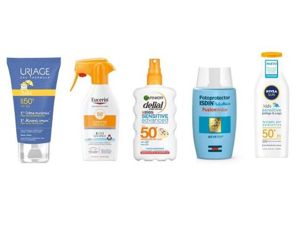 1. 1ére Crème Minérale SPF50+ de Uriage (17,90 euros). 2. Sensitive Protect Kids Sun Spray SPF50+ de Eucerin (25,93 euros). 3. Delial Niños Sensitive Advanced SPF50+ de Garnier (15,20 euros). 4. Isdin Pediatrics Fusion Water SPF50 de ISDIN (21,95 euros). 5. Sun Sensitive Protege &amp; Juega Leche Solar FP50 de Nivea (12,99 euros).