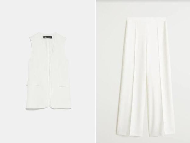 1. Chaleco de cuello redondo sin solapa y manga sisa (29,95 euros) / 2. Pantalón palazzo (39,99 euros).