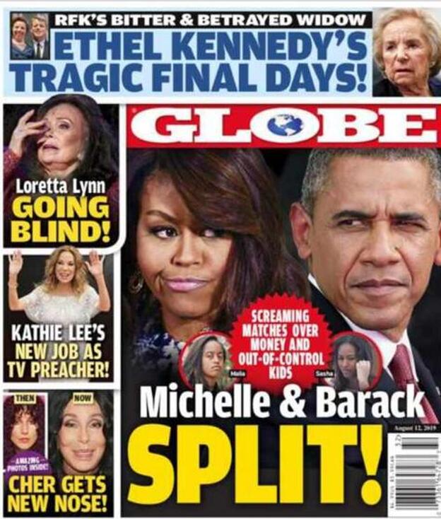 Esta es la portada de la revista 'Globe' en la que se asegura que los Obama se han separado.