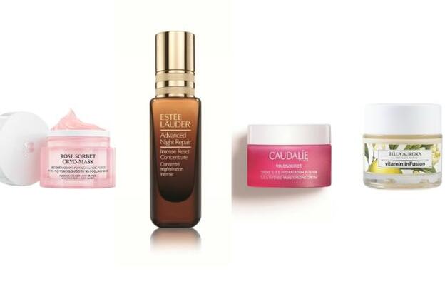 1. Rose Sorbet Cryo Mask de Lancome (32 €). 2. Advanced Night Repair Intense Reset Concentrate de Estée Lauder (98 €). 3. Crema S.O.S. Hidratación Intensa de Caudalie (25,20 €). 4. Vitamin inFusion Antiedad Día de Bella Aurora (22,90 €).