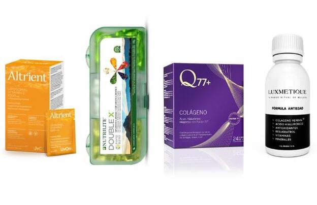 1. Vitamina C de Altrient (47,99 €). 2. Double X de Nutrilite (84 €). 3. Colágeno de Q77+ (29 €). 4. Fórmula Antiedad de Luxmetique (39,50 €).