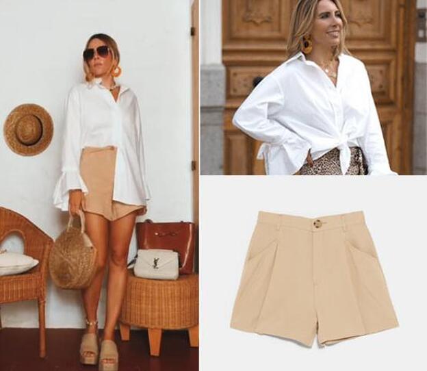 Camisa Kendall Blanca de Mónica Sors the brand (44,99 euros) y bermuda fluida de tiro alto con bolsillos laterales de Zara (19,95 euros).