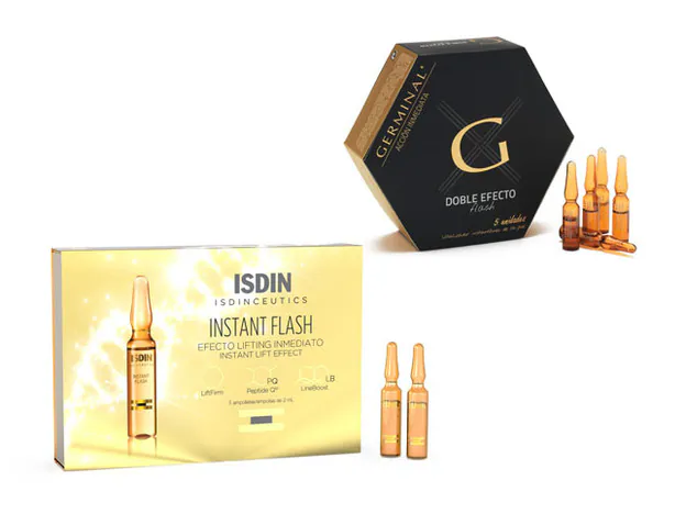 Ampollas Acción Inmediata Doble Efecto Flash de Germinal (20,50 €/ 5 u). Ampollas Instant Falash Isdinceutics de Isdin (13,95 €).