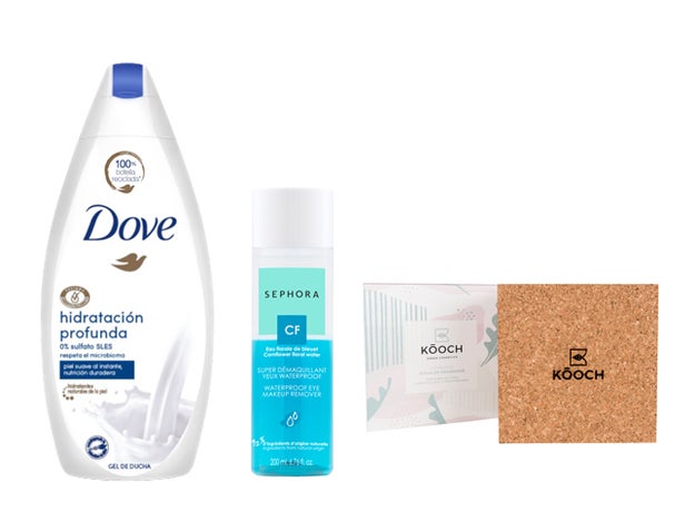 Gel de Ducha de Dove, en botella de plástico 100% reciclada (3,49 €). Desmaquillante de Ojos Good For de Sephora Collection (8,95 €). Caja de corcho biodegradable con rituales orgánicos de Kóoch Green Cosmetics (115 €).