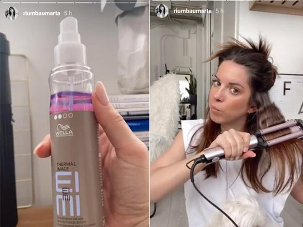 Antes de crear con calor las ondas, Marta Riumbau se aplica un protector para el calor en el cabello.