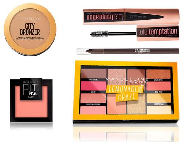 City Bronzer, Máscara Total Temptation, Colorete Fit Me, eyeliner Tattoo Liner y paleta de sombras Lemonade Craze. Todo de Maybelline NY.