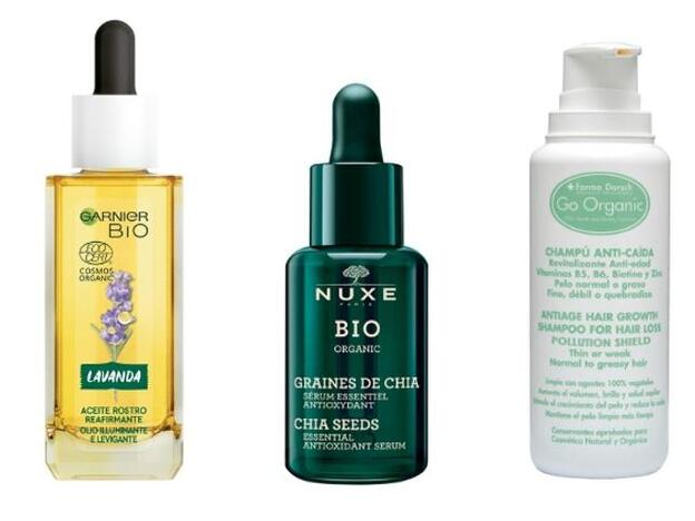 1. Garnier BIO Lavanda Aceite Rostro reafirmante (8,95 €). 2. Nuxe BIO Sérum Esencial Antioxidante con Semillas de Chía (41,90 €). 3. +Farma Dorsch Go Organic Champú Anti-Caída con Vitaminas (46 €).