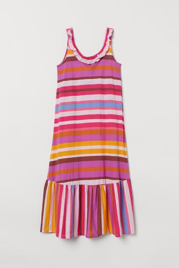 Vestido recto de tirantes con volante en el bajo, de H&M (10,99 €).