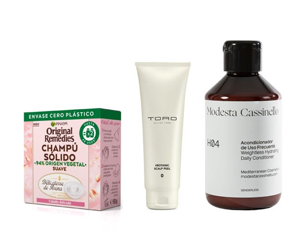 Champú Sólido Delicatesse de Avena Original Remedies de Garnier (4,95 €). Toro Botanic Scalp Peel de Víctor Toro (62 €, en perfumeriajulia.es). H04. Acondicionador de Uso Frecuente de Modesta Cassinello (24 €).