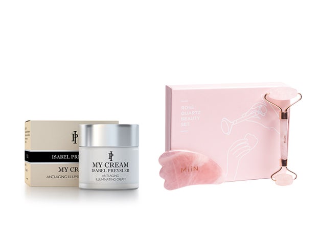 Crtema antiedad efecto luminosidad de My Cream Isabel Preysler (49 €). kit de rodillo y piedra gua sha MiiN Cosmetics (32,95 €).