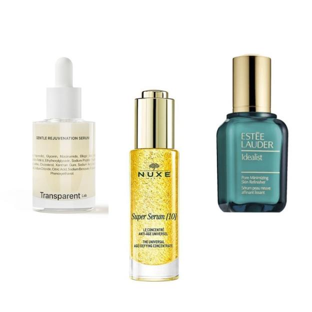 Gentle Rejuvenation de Transparent Lab (19,95 euros), Super Serum10 Antiedad de Nuex (48 euros) y Serum Anti-Edad Idealist Pore Minimizing Skin Refinisher de Estee Lauder (57,99 euros),