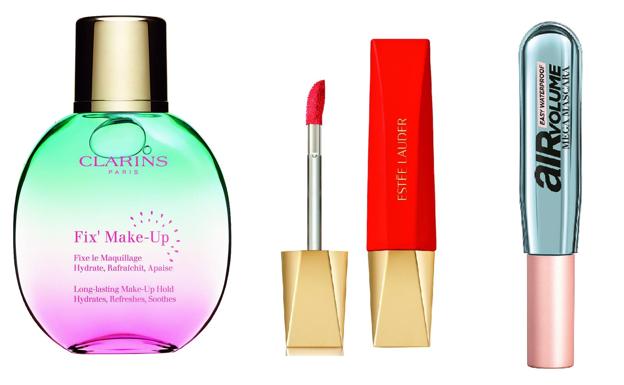 Clarins. Bruma fijadora Fix Make-Up. (30,75€). Estée lauder. Pure Color Whipped Matte Lip (34€). L'oréal paris. Air Volume Mega Mascara (12,95€). 