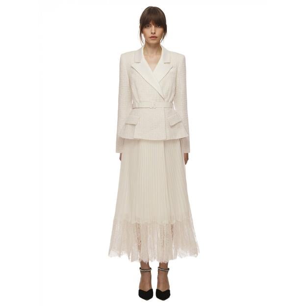 Cream Tailored Boucle and Chiffon Midi Dress de Self-Portrait