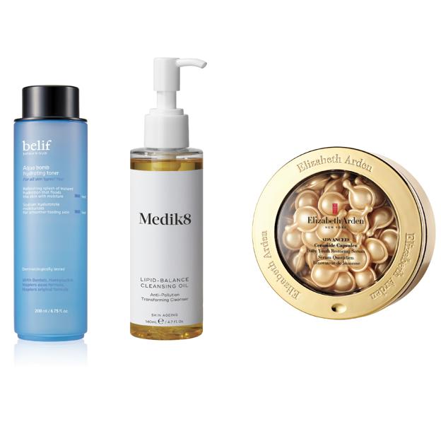 ELIZABETH ARDEN. Advanced Ceramide Capsules (108,99 €). MEDIK8. Lipid-Balance Cleansing Oil (35 €). BELIF. Aqua Bomb Hydrating Toner (25,99 €). DOLCE & GABBANA. Neceser DG denim (645 €).