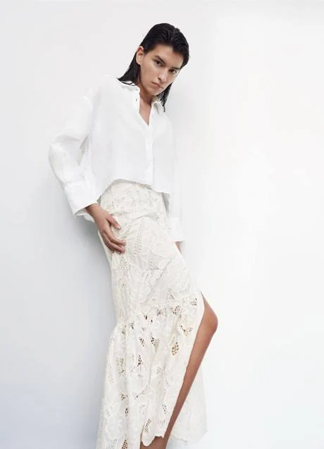 Moda Faldas Faldas de encaje Zara Basic Falda de encaje turquesa-blanco look casual 