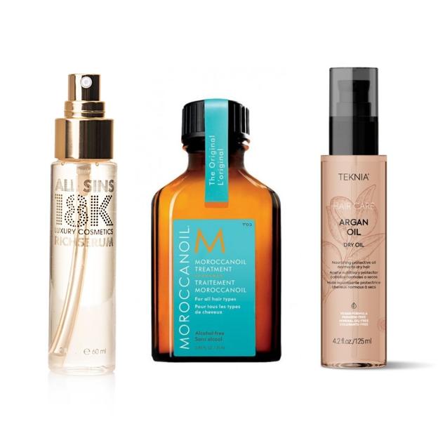 Richserum de All Sins (32,55 euros), Oil Treatment Original de Moroccanoil (46 euros) y Aceite seco nutritivo de Teknia (29,50 euros).