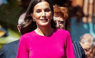 La reina Letizia presume de abdominales marcados con un espectacular vestido rosa con aberturas low cost