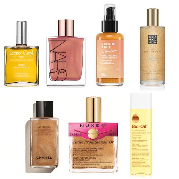 LEONOR GREYL Huile de Magnolia, con aceites de avellana, jojoba y semillas de girasol (36,55€) NARS Orgasm Body Oil, en tono melocotón con partículas brillantes (66 €). FRESHLY COSMETICS Golden Light by Rocío Osorno (29 €). RITUALS The Ritual of Karma Soul Shimmer Body Oil (20,50 €). CHANEL Huile illuminatrice de la colección Les Beiges 2022 (80 €). NUXE Huile Prodigieuse Or, en edición limitada 2022, con brazalete Amour (35,20 €/100 ml). BIO OIL Aceite para el cuidado de la piel, con ingredientes 100% naturales (19,95 €/125 ml).