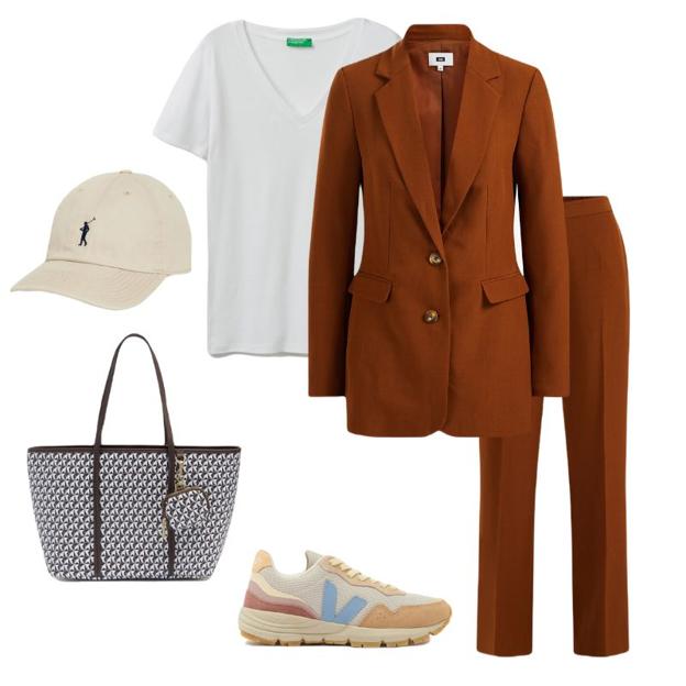 De izq. a dch.: gorra de Polo Club, bolso de Parfois, zapatillas de Veja, camiseta de Benetton y chaqueta y pantalon de We Fashion.