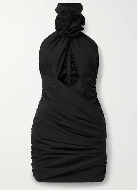 Vestido negro cut-out con cuello halter y flor de Magda Butrym