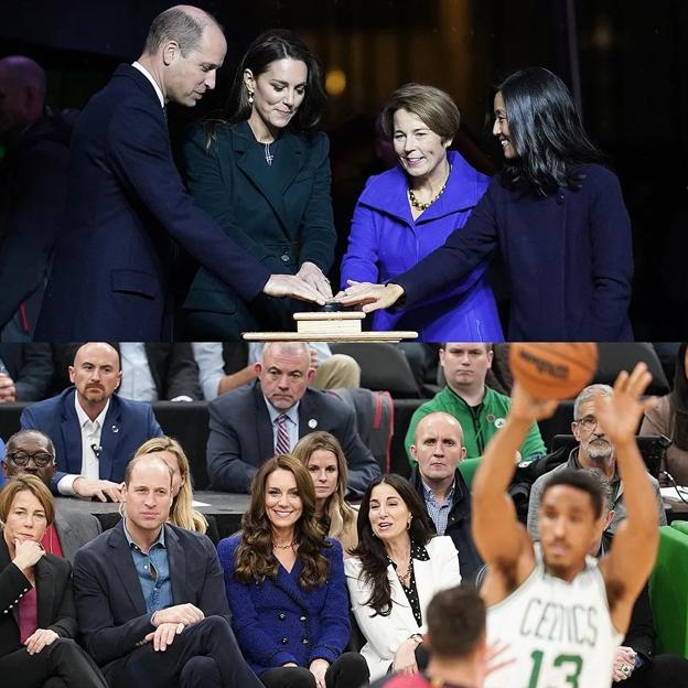 Arriba, los príncipes de Gales junto a Maura Healey, gobernadora de Massachusetts, y Michelle Wu, alcaldesa de Boston. Debajo, el príncipe Guillermo y Kate Middleton, en un partido de los Boston Celtics contra los Miami Heat. 